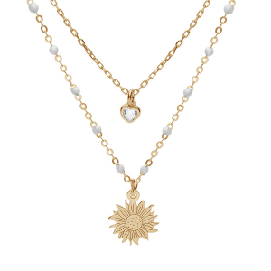 COLLIER ARGENT ET DORURE JAUNE RÉSINE BLANCHE 2 RANGS SOLEIL ET COEUR OXYDE BLANC 40+5CM