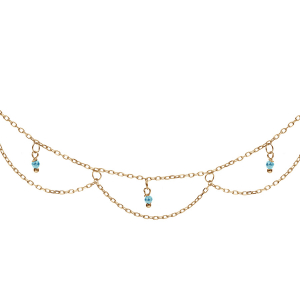 COLLIER ARGENT ET DORURE JAUNE MULTIRANGS RÉSINE TURQUOISE IMITATION 40+5CM