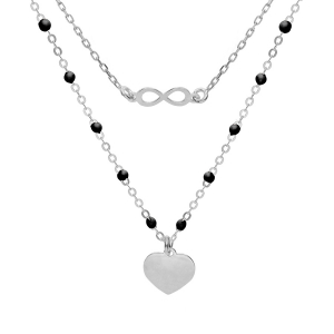 COLLIER ARGENT RHODIÉ RÉSINE NOIRE 2 RANGS INFINI ET COEUR 40+5CM