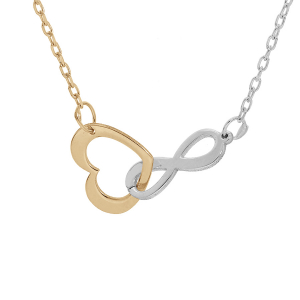 COLLIER ARGENT ET DORURE JAUNE PENDENTIF COEUR ET INFINI ENTRELACÉ  40+5CM