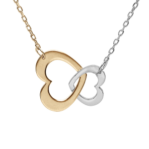 COLLIER ARGENT ET DORURE JAUNE PENDENTIF DOUBLE COEUR  40+5CM