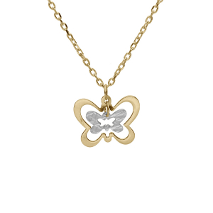 COLLIER BICOLORE ARGENT RHODIÉ ET DORURE JAUNE PENDENTIF DOUBLE PAPILLON 40+5CM
