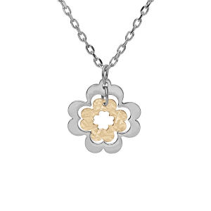 COLLIER BICOLORE ARGENT RHODIÉ ET DORURE JAUNE PENDENTIF DOUBLE TREFLE 40+5CM