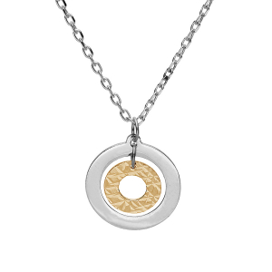 COLLIER BICOLORE ARGENT ET DORURE JAUNE PENDENTIF DOUBLE CERCLE 40+5CM
