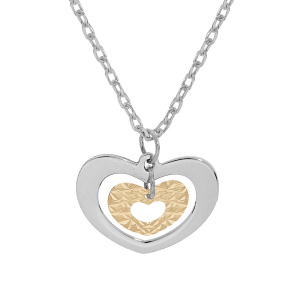 COLLIER BICOLORE ARGENT RHODIÉ ET DORURE JAUNE PENDENTIF DOUBLE COEUR 40+5CM