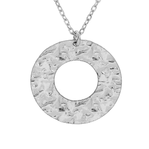 COLLIER ARGENT RHODIÉ PENDENTIF ROND EVIDÉ MARTELÉ 40+5CM