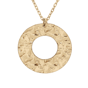 COLLIER ARGENT ET DORURE JAUNE PENDENTIF ROND EVIDÉ MARTELÉ 40+5CM