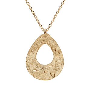 COLLIER ARGENT ET DORURE JAUNE PENDENTIF GOUTTE MARTELÉE 40+5CM