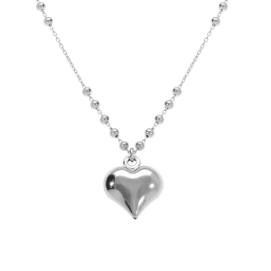 COLLIER ARGENT RHODIÉ CHAINE AVEC BOULES PENDENTIF COEUR BOMBÉ 42+3CM