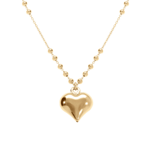 COLLIER ARGENT DORÉ CHAINE AVEC BOULES PENDENTIF COEUR BOMBÉ 42+3CM