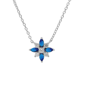 COLLIER ARGENT RHODIE FLEUR OXYDES BLANCS ET BLEUS SERTIS 42+3CM