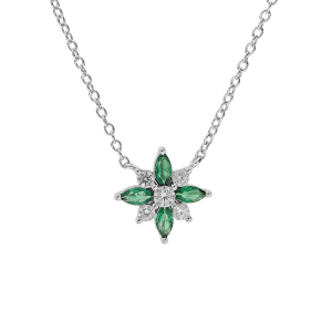 COLLIER ARGENT RHODIE FLEUR OXYDES BLANCS ET VERT SERTIS 42+3CM