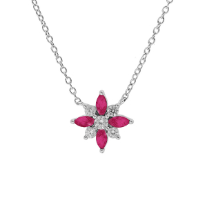 COLLIER ARGENT RHODIE FLEUR OXYDES BLANCS ET FUSHIA SERTIS 42+3CM