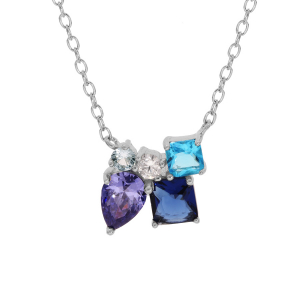 COLLIER ARGENT RHODIE 5 OXYDES BLEUS ET BLANC SERTIS 42+3CM