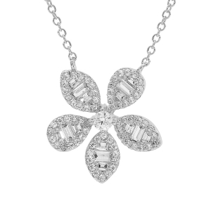 COLLIER ARGENT RHODIÉ FLEUR  OXYDES BLANCS SERTIS 42+3CM