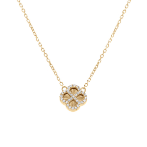 COLLIER ARGENT DORÉ TREFLE SUR FOND DIAMANTÉ CONTOUR OXYDES BLANCS 40+5CM