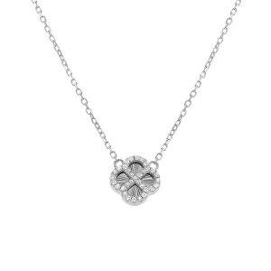 COLLIER ARGENT RHODIÉ TREFLE SUR FOND DIAMANTÉ CONTOUR OXYDES BLANCS 40+5CM