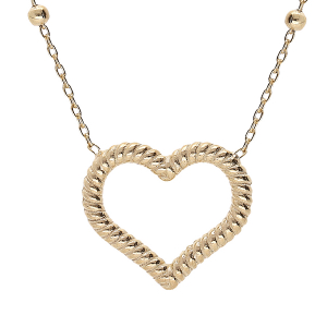 COLLIER ARGENT ET DORURE JAUNE BOULES AVEC COEUR TORSADÉ EVIDÉ 40+5CM