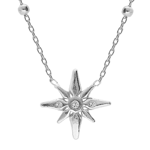 COLLIER ARGENT RHODIÉ BOULES ETOILE OXYDES BLANCS SERTIS 42+3CM