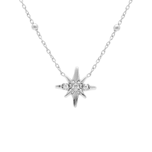 COLLIER ARGENT RHODIÉ BOULES ETOILE OXYDES BLANCS SERTIS 42+3CM