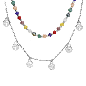 COLLIER ARGENT RHODIÉ DOUBLE 1 RANG PIERRES SYNTHETIQUE FACETÉS ET 1 RANG PAMPILLES ARBRE DE VIE 38+4CM