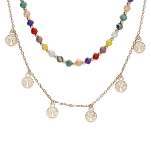 COLLIER ARGENT ET DORURE JAUNE DOUBLE 1 RANG PIERRES SYNTHETIQUE FACETÉS ET 1 RANG PAMPILLES ARBRE DE VIE 38+4CM