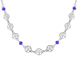 COLLIER ARGENT RHODIÉ MOTIFS ARBRE DE VIE ET PERLES IMITATION BLEUES 42+3CM