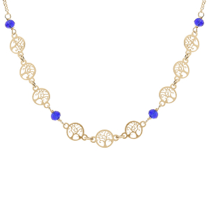 COLLIER ARGENT DORÉ MOTIFS ARBRE DE VIE ET PERLES IMITATION BLEUES 42+3CM