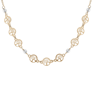COLLIER ARGENT DORÉ MOTIF ARBRE DE VIE ET PERLES IMITATION BLANCHE 42+3CM