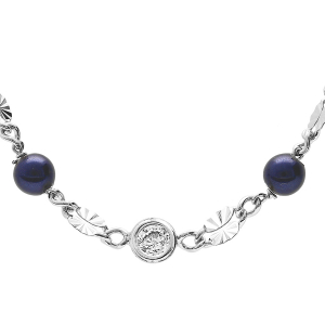 COLLIER ARGENT RHODIÉ PASTILLE DIAMANTEE ET BOULE VERRE BLEU 38+5CM