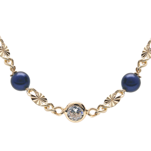 COLLIER ARGENT ET DORURE JAUNE PASTILLE DIAMANTEE ET BOULE VERRE BLEU 38+5CM