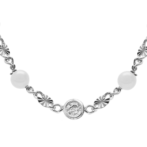 COLLIER ARGENT RHODIÉ PASTILLE DIAMANTEE ET BOULE VERRE BLANCHE 38+5CM
