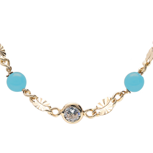 COLLIER ARGENT RHODIÉ PASTILLE DIAMANTEE ET BOULE VERRE TURQUOISE 38+5CM