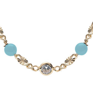 COLLIER ARGENT ET DORURE JAUNE PASTILLE DIAMANTEE ET BOULE VERRE TURQUOISE 38+5CM