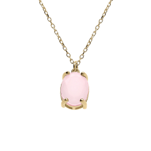 COLLIER ARGENT DORÉ PENDENTIF OVALE OXYDE 10 x 7.5MM  ROSE OPAQUE 42+3CM