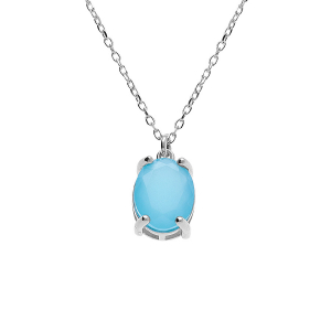 COLLIER ARGENT RHODIÉ PENDENTIF OVALE OXYDE 10 x 7.5MM  BLEU CLAIR OPAQUE 42+3CM