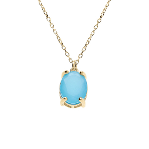 COLLIER ARGENT DORÉ PENDENTIF OVALE OXYDE 10 x 7.5MM  BLEU CLAIR OPAQUE 42+3CM