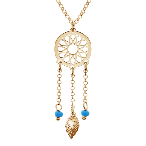 COLLIER ARGENT ET DORURE JAUNE ATTRAPE REVE BOULES RÉSINE BLEU CIEL 38+5CM