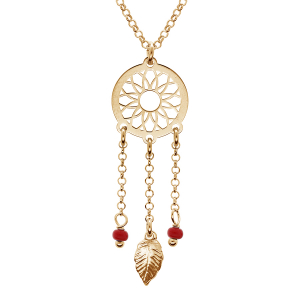 COLLIER ARGENT ET DORURE JAUNE ATTRAPE REVE BOULES RÉSINE ROUGE 38+5CM
