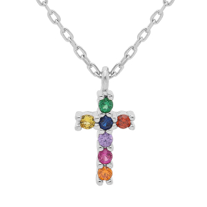 COLLIER ARGENT RHODIÉ PENDENTIF CROIX 10 X 8 MM PIERRES SYNTHETIQUE MULTI COULEURS 44CM REGLABLE 42 ET 40