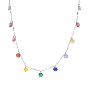 COLLIER ARGENT RHODIÉ GOUTTES PIERRES SYNTHETIQUE MULTI COULEURS 44CM REGLABLE 42 ET 39,5CM