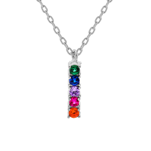 COLLIER ARGENT RHODIÉ PENDENTIF RECTANGULAIRE PIERRES SYNTHETIQUE MULTI COULEURS 44CM REGLABLE 42 ET 40