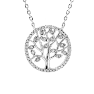 COLLIER ARGENT RHODIÉ PENDENTIF ARBRE DE VIE OXYDES BLANCS ET CONTOUR OXYDES BLANCS SERTIS 40+3CM