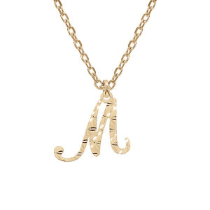 COLLIER ARGENT ET DORURE JAUNE PENDENTIF LETTRE ANGLAISE  M  DIAMANTÉ 40+4CM