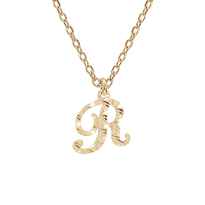 COLLIER ARGENT ET DORURE JAUNE PENDENTIF LETTRE ANGLAISE  R  DIAMANTÉ 40+4CM