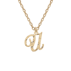 COLLIER ARGENT ET DORURE JAUNE PENDENTIF LETTRE ANGLAISE  U  DIAMANTÉ 40+4CM
