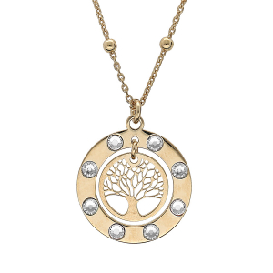 COLLIER ARGENT ET DORURE JAUNE PENDENTIF ARBRE DE VIE OXYDES BLANCS 40+4CM