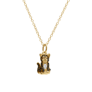 COLLIER ARGENT DORÉ PENDENTIF CHAT OXYDES NOIRS ET BLANCS 38+5CM