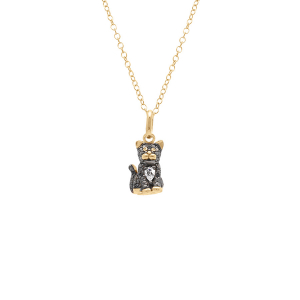 COLLIER ARGENT DORÉ PENDENTIF CHAT OXYDES NOIRS ET BLANCS 38+5CM