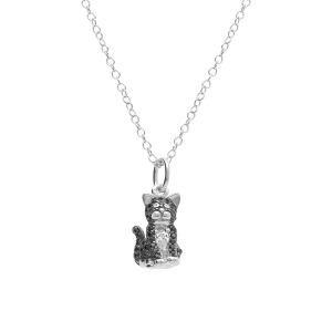 COLLIER ARGENT RHODIÉ PENDENTIF CHAT OXYDES NOIRS ET BLANCS 38+5CM